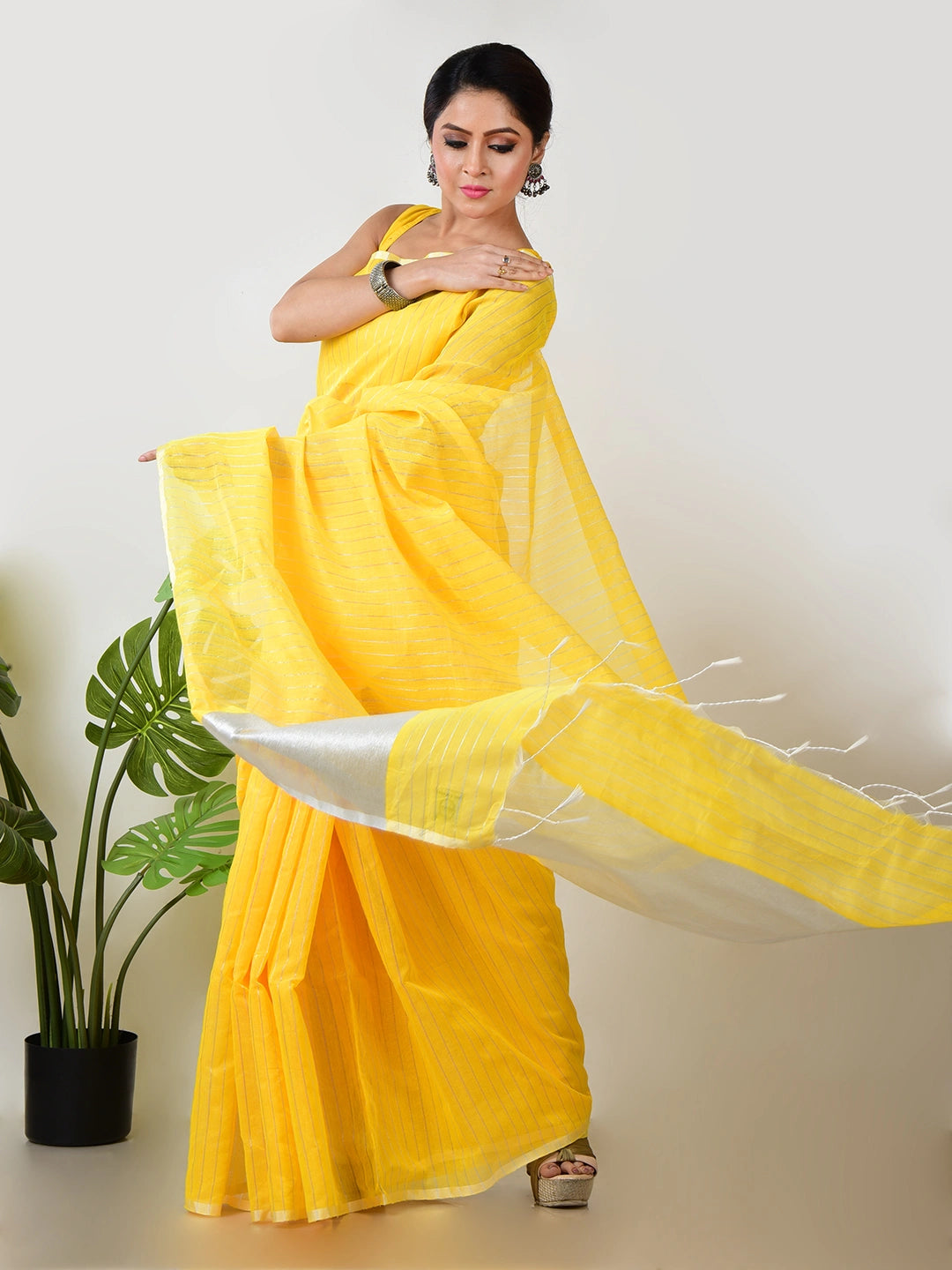 Apsara Aabha | Yellow Handloom Linen Saree with White Zari Stripe
