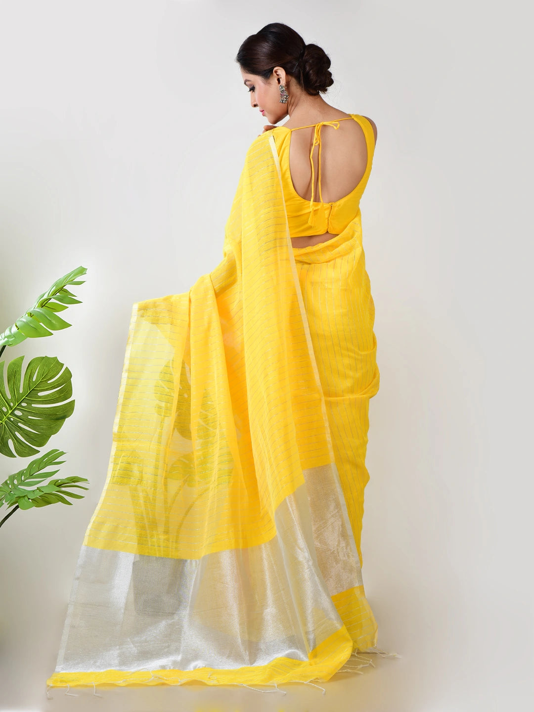 Apsara Aabha | Yellow Handloom Linen Saree with White Zari Stripe