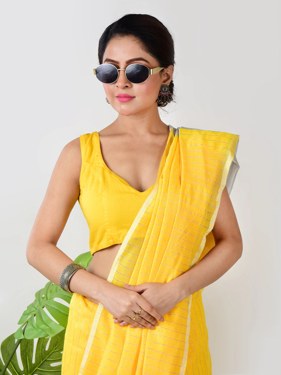 Apsara Aabha | Yellow Handloom Linen Saree with White Zari Stripe