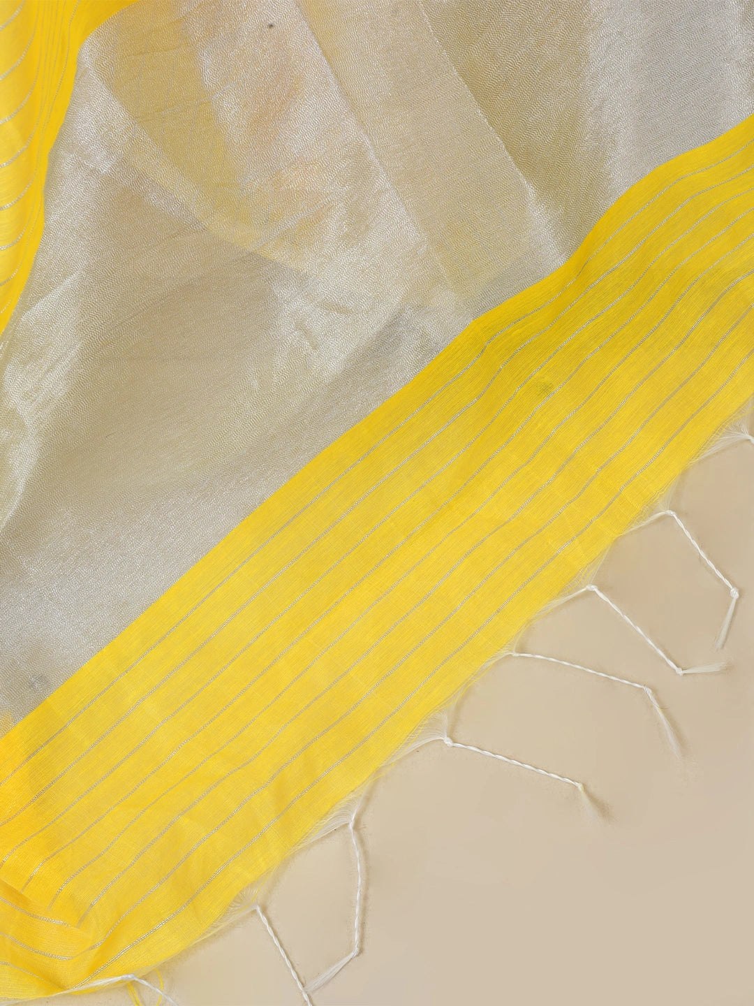 Apsara Aabha | Yellow Handloom Linen Saree with White Zari Stripe