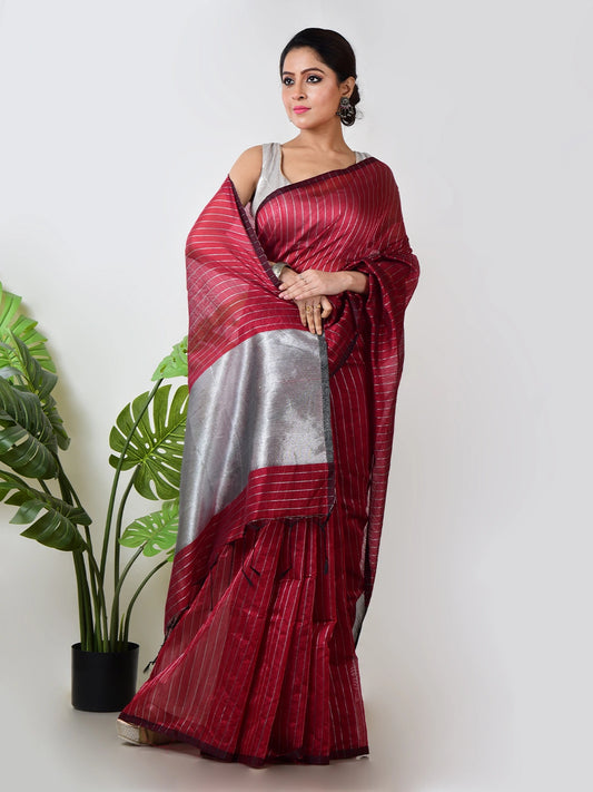 Kavi Kaavya | Red Handloom Linen Saree with White Zari Stripe