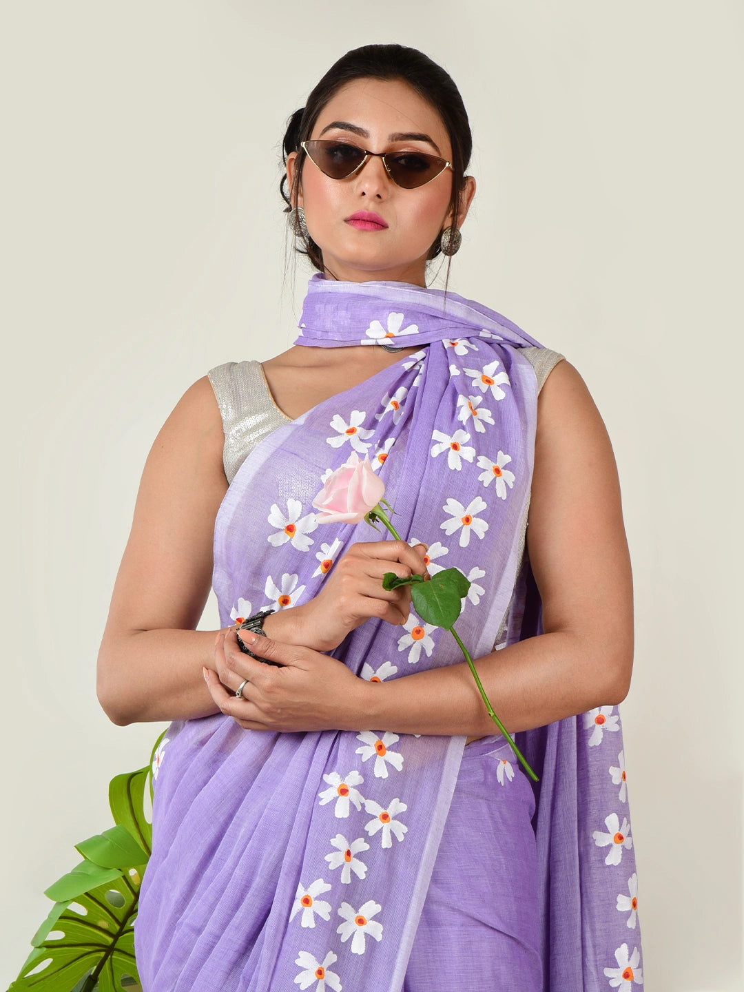 Komal Angan | lavender Handloom Cotton Saree with Delicate Handcrafted Floral Art
