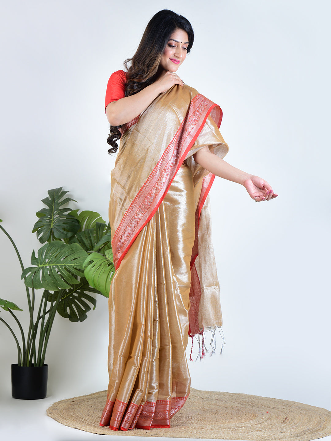 Rose Radiance | Rose Gold With Red Border Handloom Tissue saree