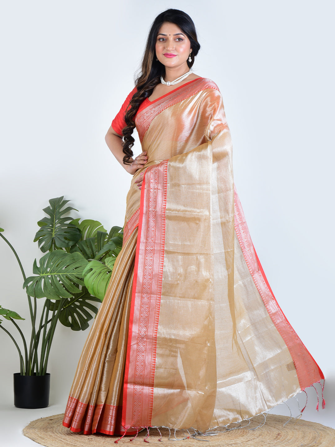 Rose Radiance | Rose Gold With Red Border Handloom Tissue saree