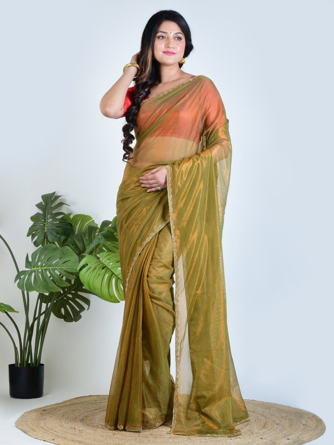 Emerald Aura | Green Tissue  Saree