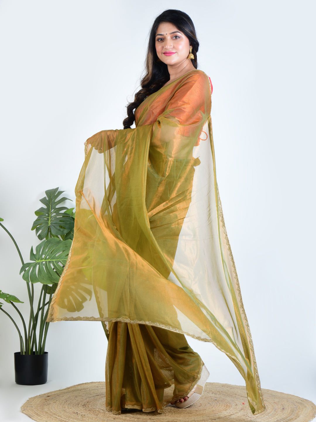 Emerald Aura | Green Tissue  Saree