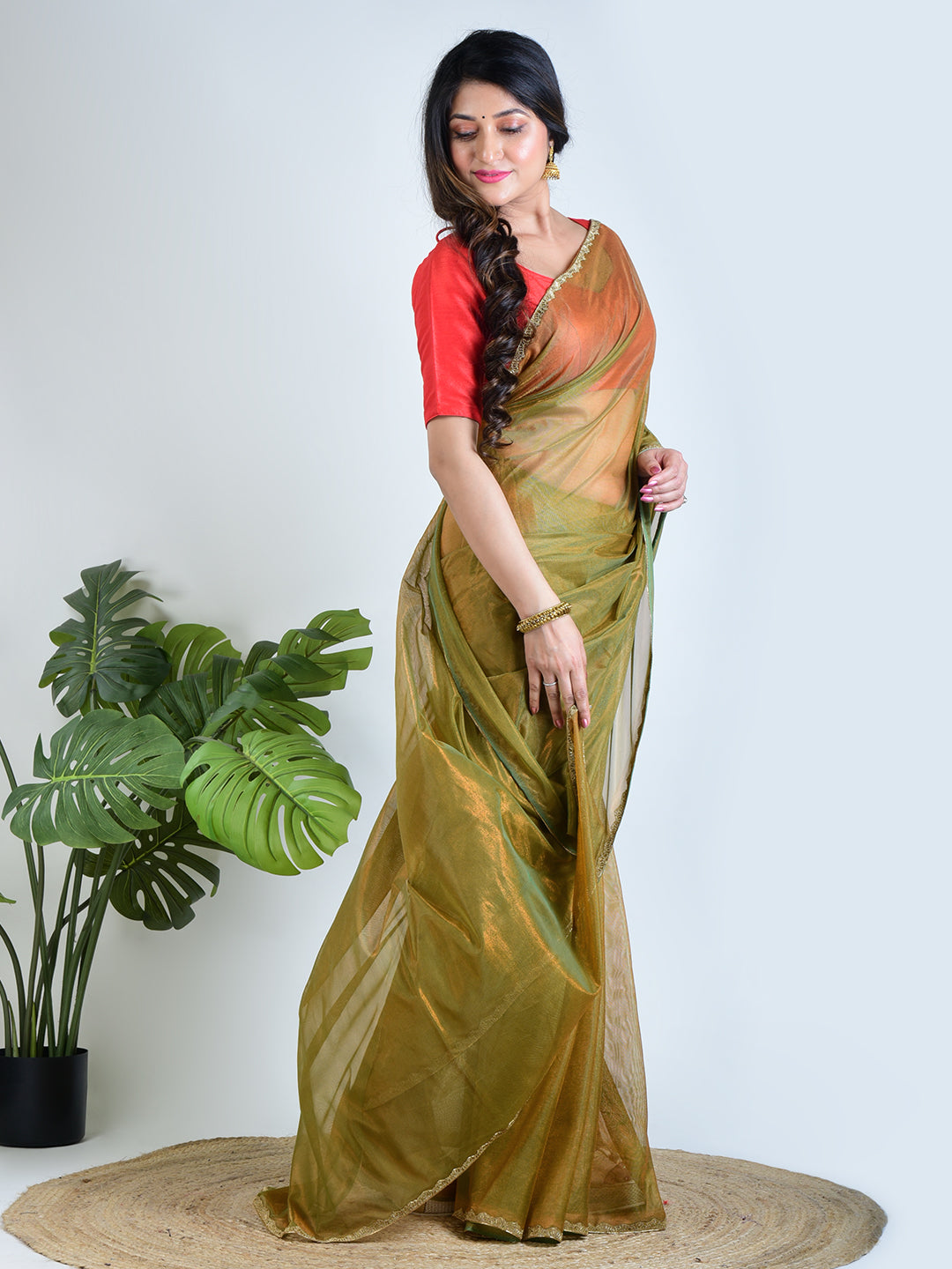 Emerald Aura | Green Tissue  Saree