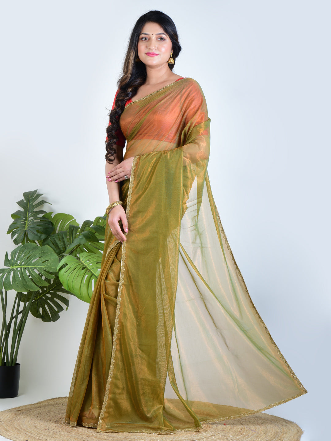 Emerald Aura | Green Tissue  Saree