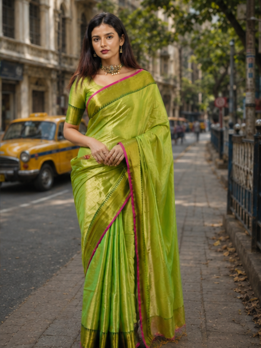 Mehndi Mayuri | Parrot Green Handloom Cotton Tissue Saree