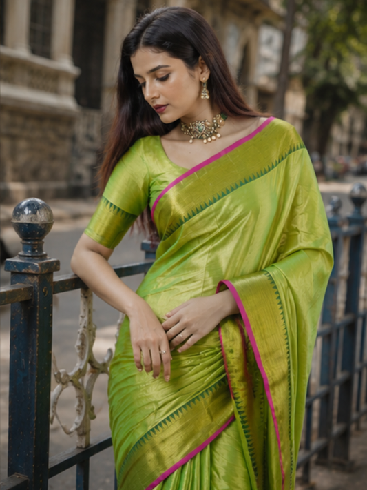 Mehndi Mayuri | Parrot Green Handloom Cotton Tissue Saree