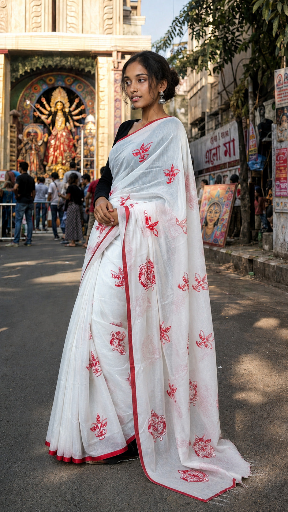 Aakar Durga Drishti | White Handloom Festive Saree