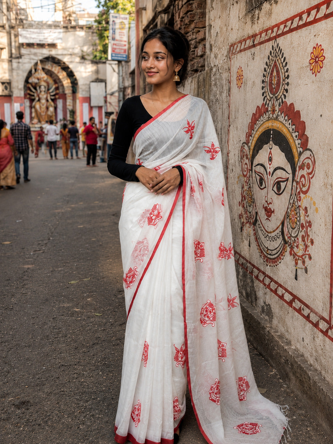 Aakar Durga Drishti | White Handloom Festive Saree