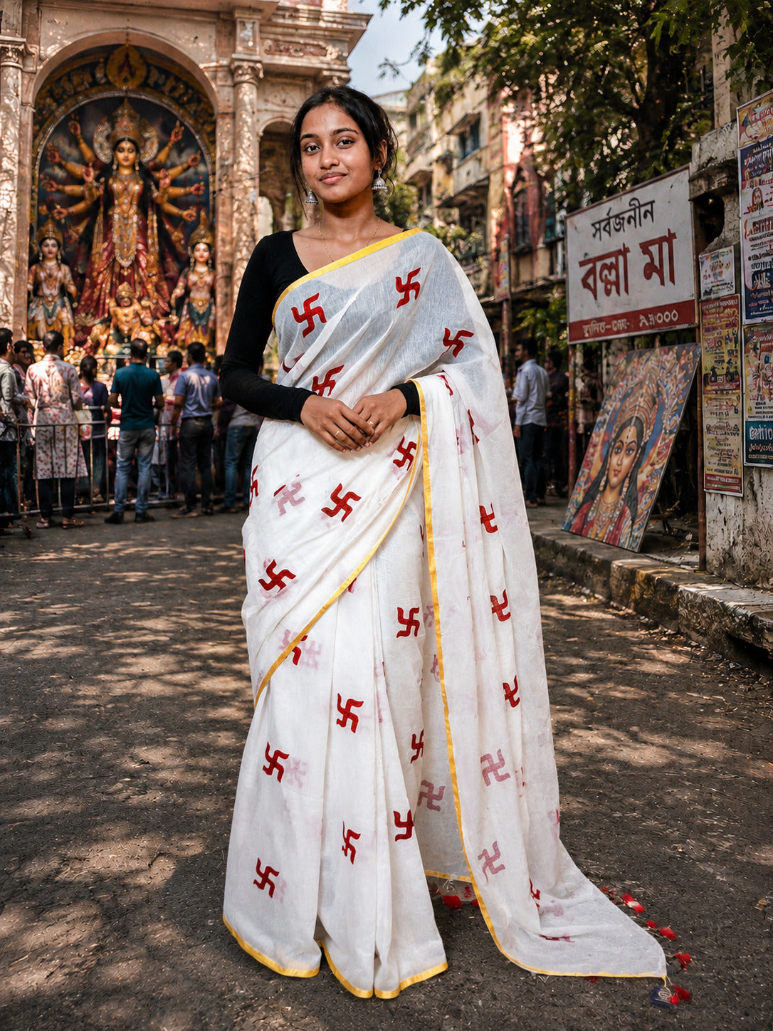 White Handloom Saree with Red Swastik Motifs & Yellow Border