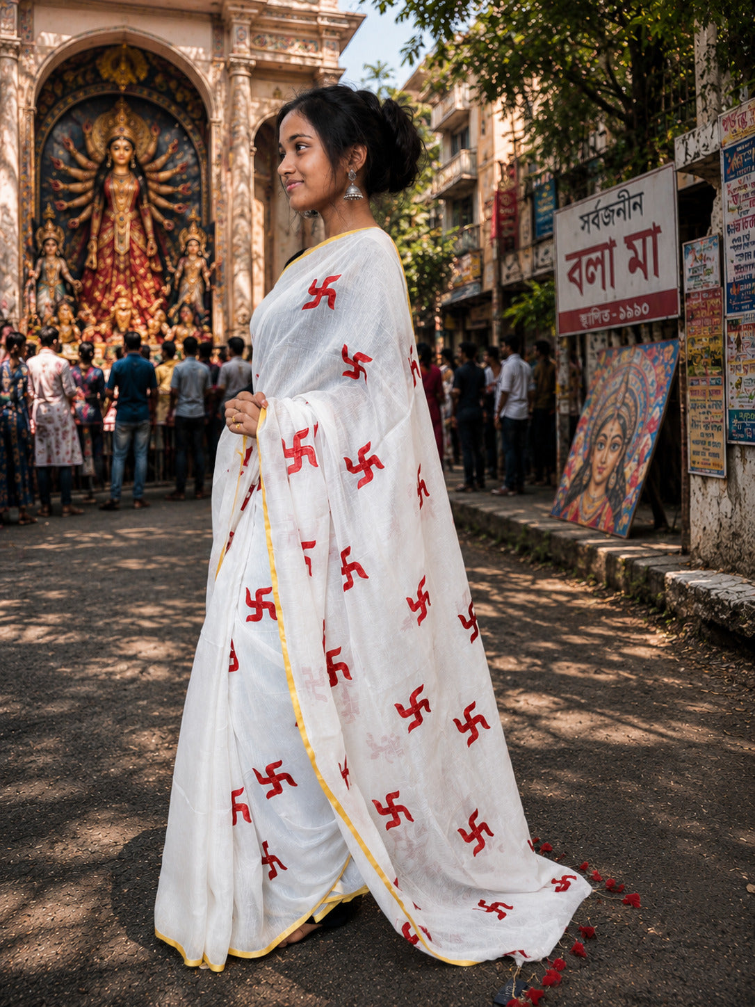 White Handloom Saree with Red Swastik Motifs & Yellow Border