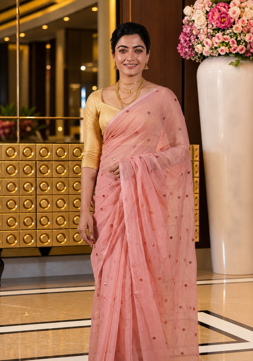 Aakar Pastel Pink Lightweight Saree with Small Mirror Work