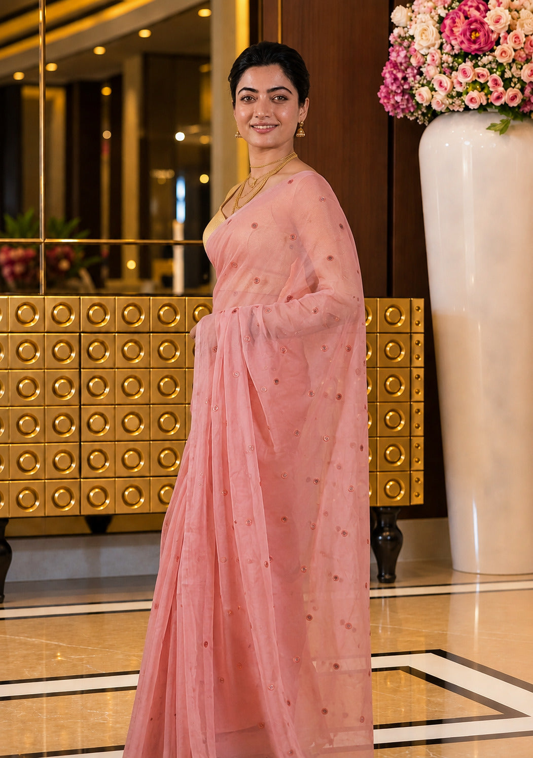 Aakar Pastel Pink Lightweight Saree with Small Mirror Work