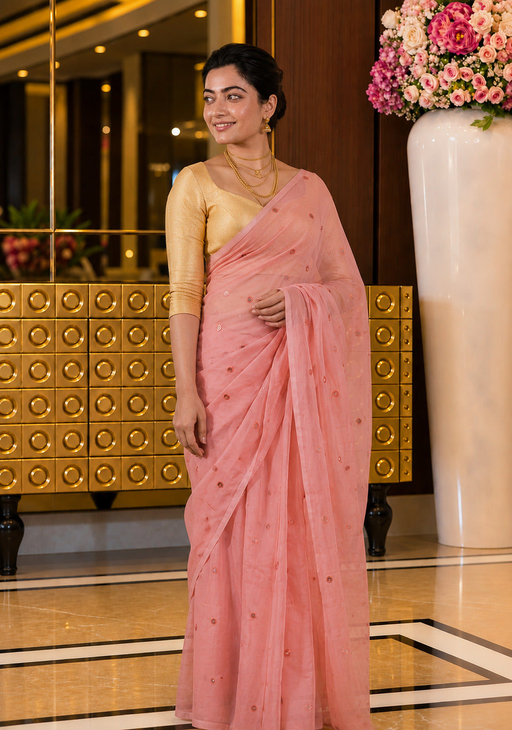 Aakar Pastel Pink Lightweight Saree with Small Mirror Work
