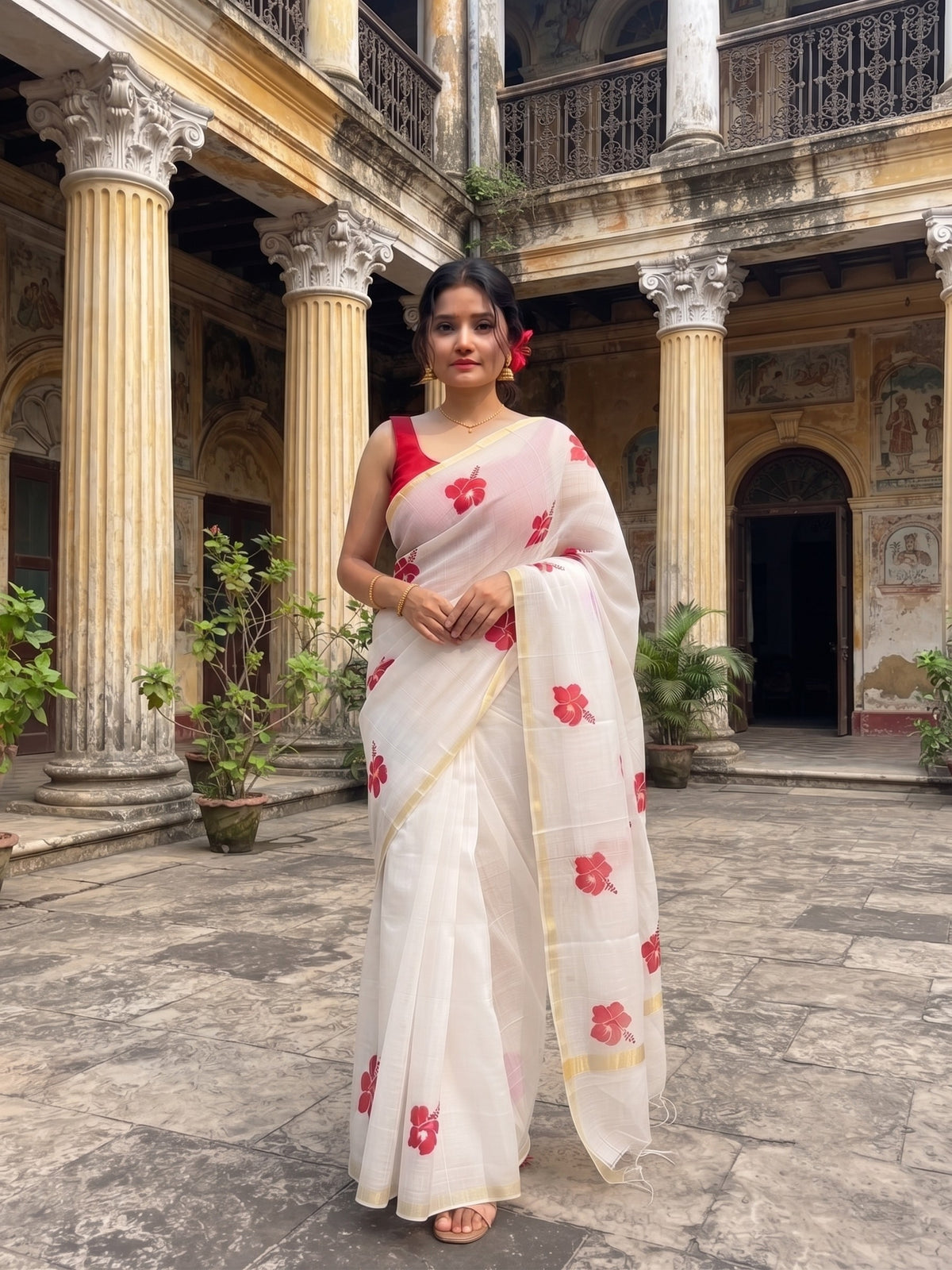 Aakar White Hibiscus Bloom Zari-Border Saree