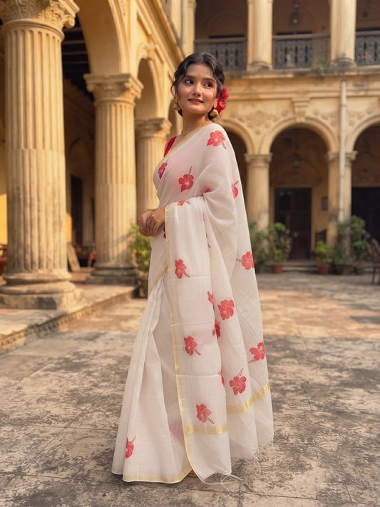 Aakar White Hibiscus Bloom Zari-Border Saree