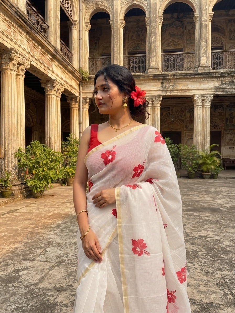 Aakar White Hibiscus Bloom Zari-Border Saree