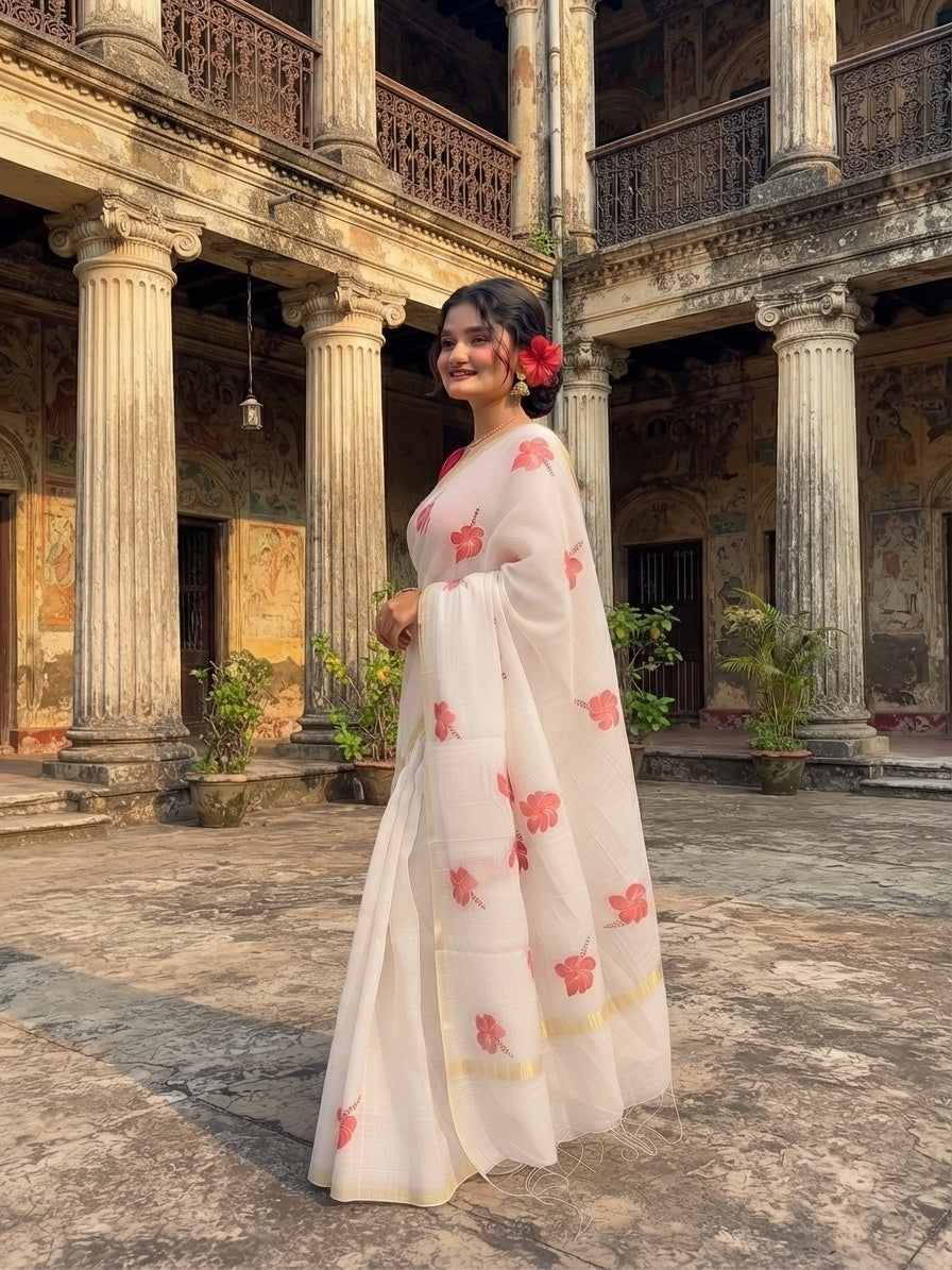 Aakar White Hibiscus Bloom Zari-Border Saree