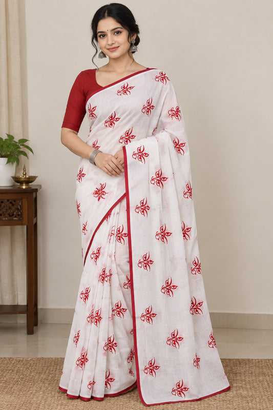 Aakar White Durga Eye Bloom Zari-Border Saree