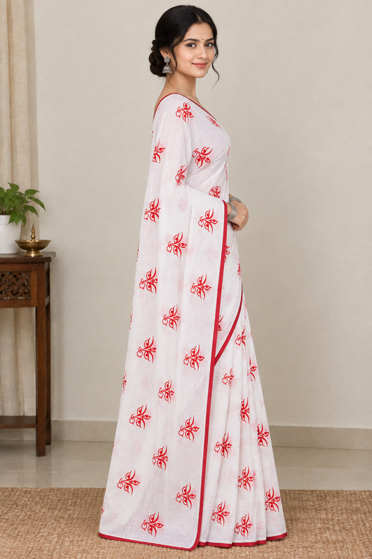 Aakar White Durga Eye Bloom Zari-Border Saree
