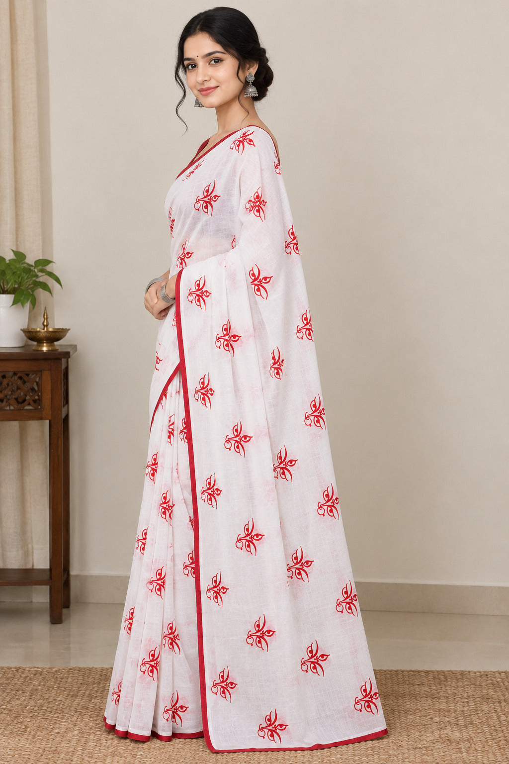 Aakar White Durga Eye Bloom Zari-Border Saree