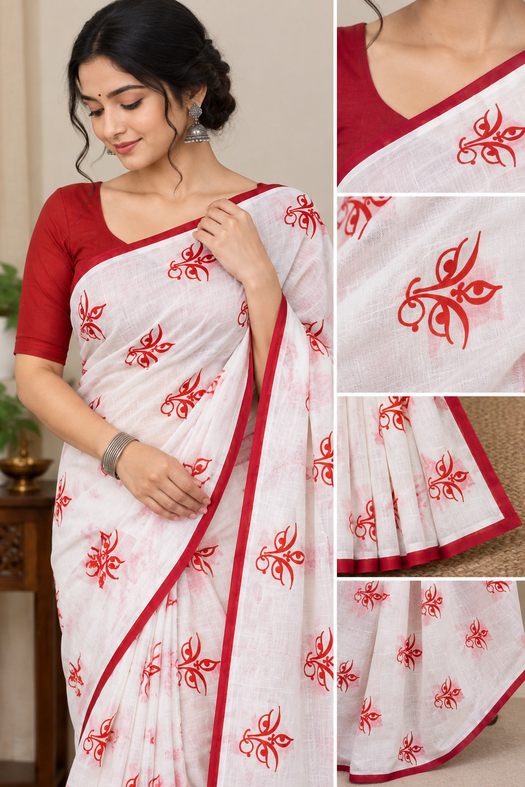 Aakar White Durga Eye Bloom Zari-Border Saree