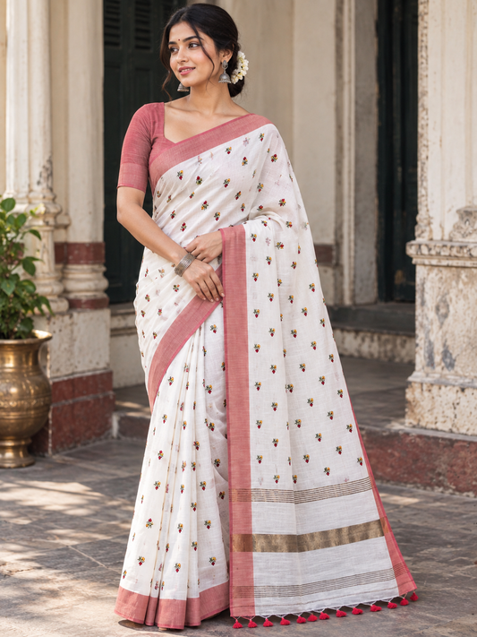 White Cotton Saree with Embroidered Floral Buta