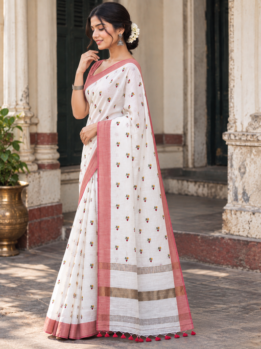 White Cotton Saree with Embroidered Floral Buta
