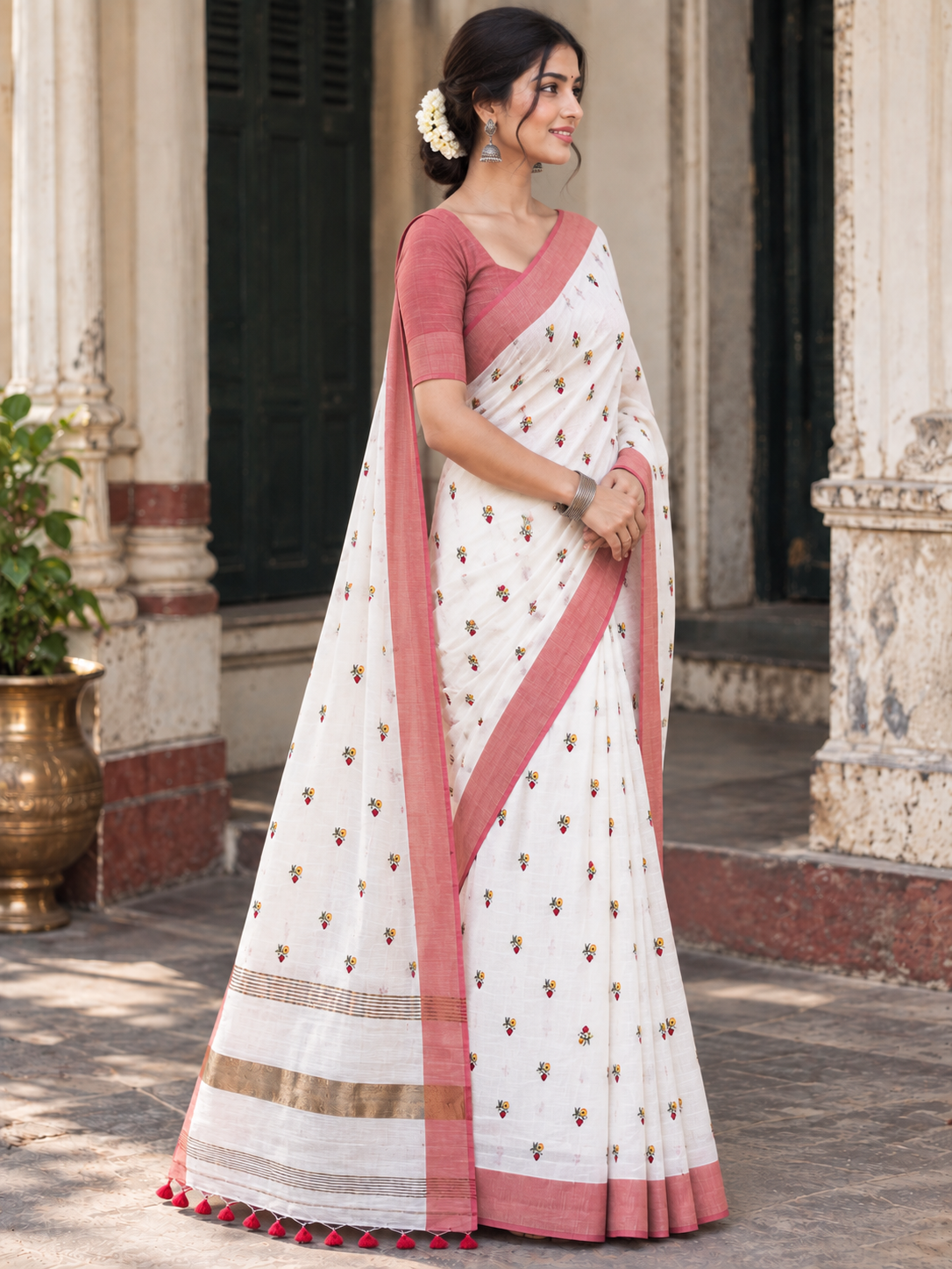 White Cotton Saree with Embroidered Floral Buta