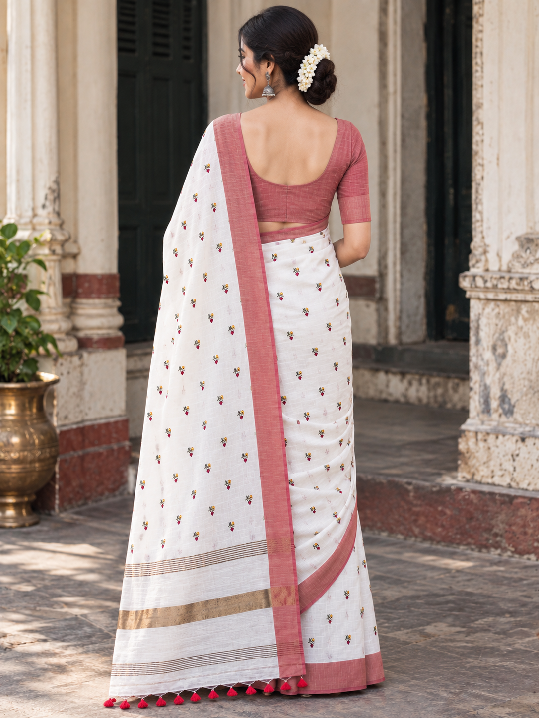 White Cotton Saree with Embroidered Floral Buta