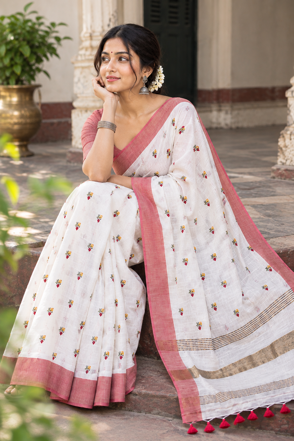 White Cotton Saree with Embroidered Floral Buta
