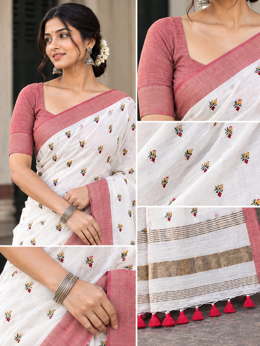 White Cotton Saree with Embroidered Floral Buta