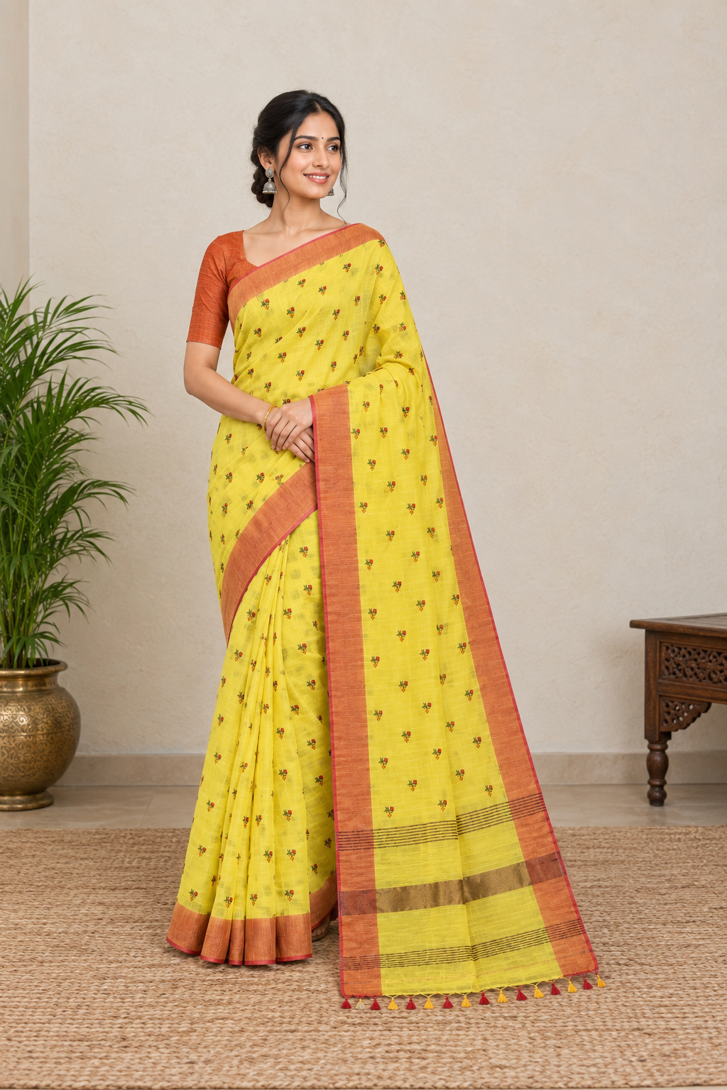 Sunshine Yellow Handloom Cotton Silk Saree with Rust Border