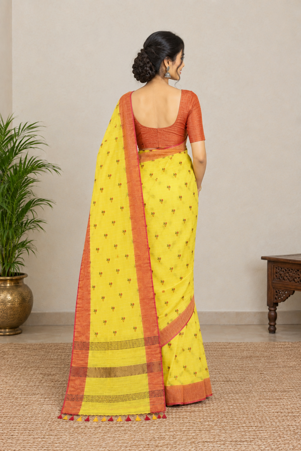 Sunshine Yellow Handloom Cotton Silk Saree with Rust Border