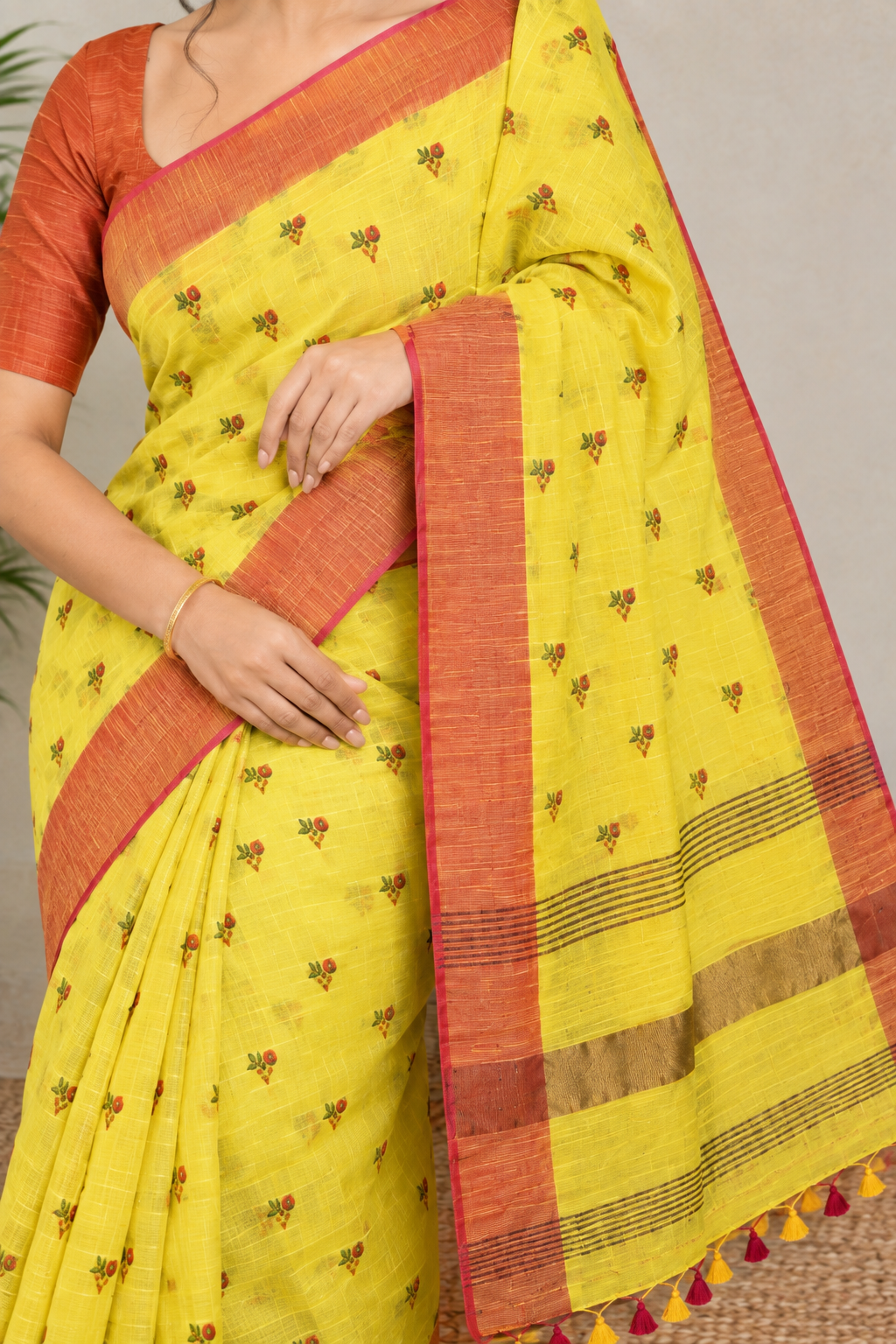 Sunshine Yellow Handloom Cotton Silk Saree with Rust Border