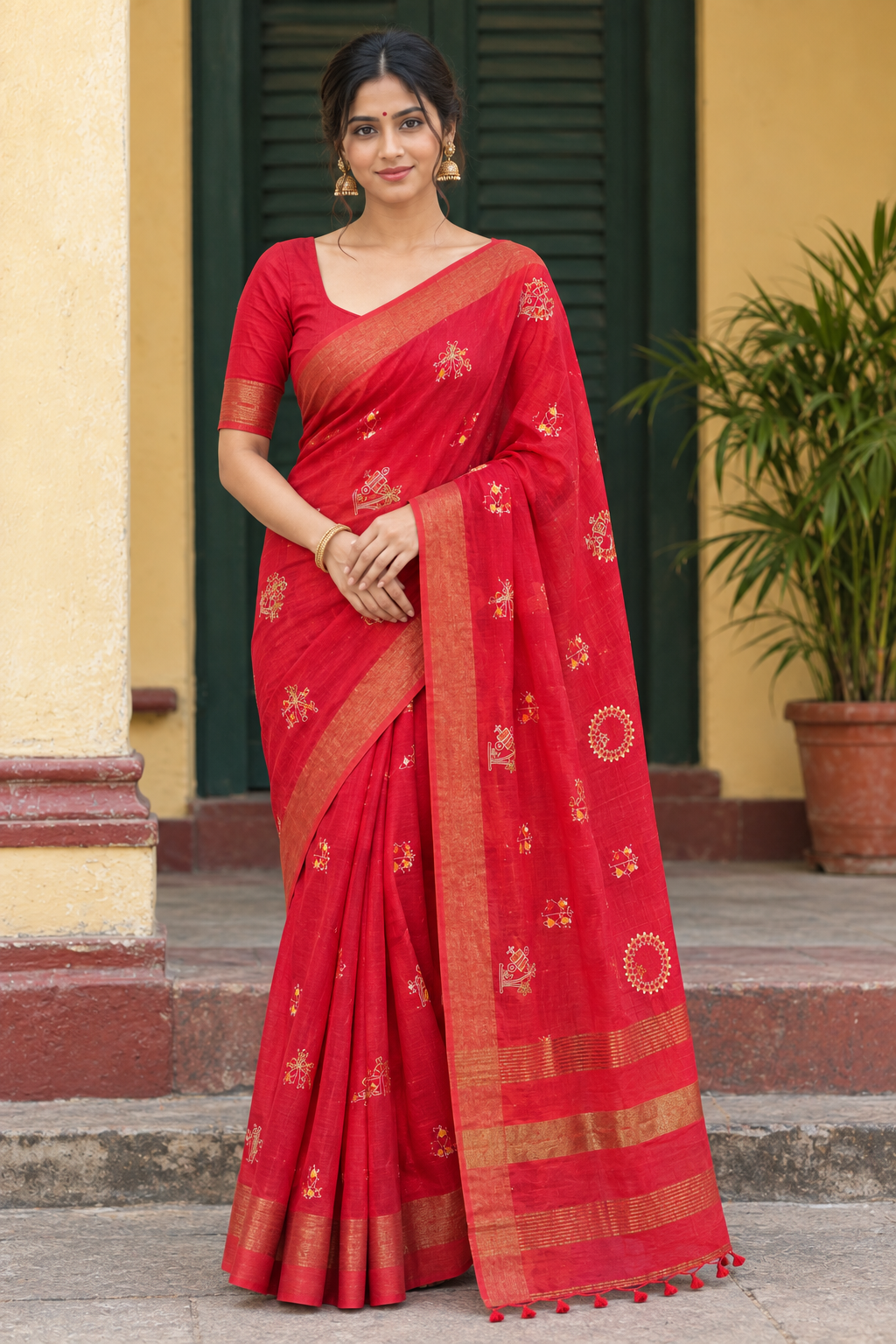 Red Handloom Cotton Saree with Traditional Gold Motifs & Zari Border