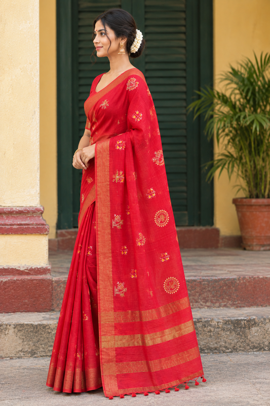 Red Handloom Cotton Saree with Traditional Gold Motifs & Zari Border