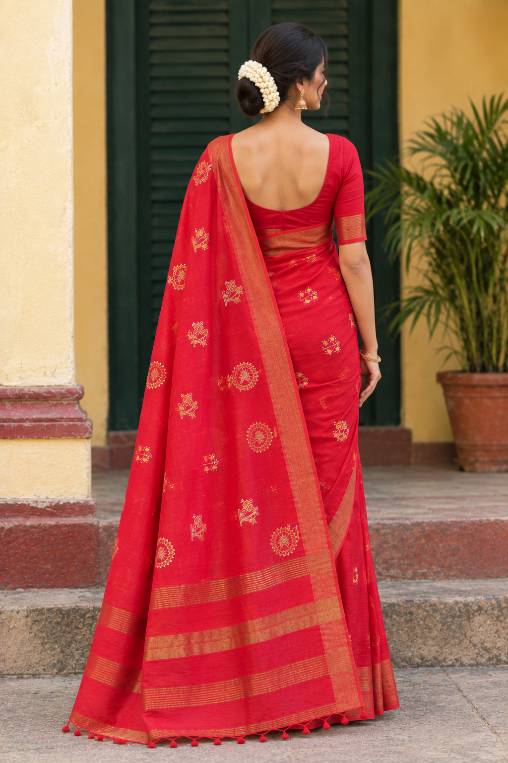 Red Handloom Cotton Saree with Traditional Gold Motifs & Zari Border