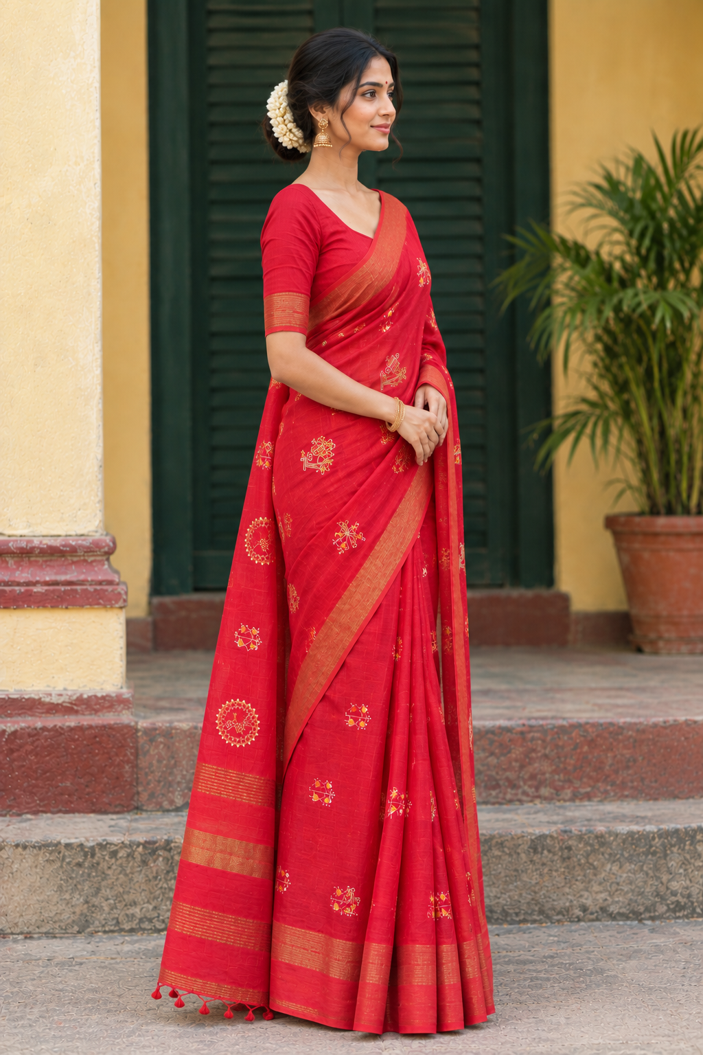 Red Handloom Cotton Saree with Traditional Gold Motifs & Zari Border