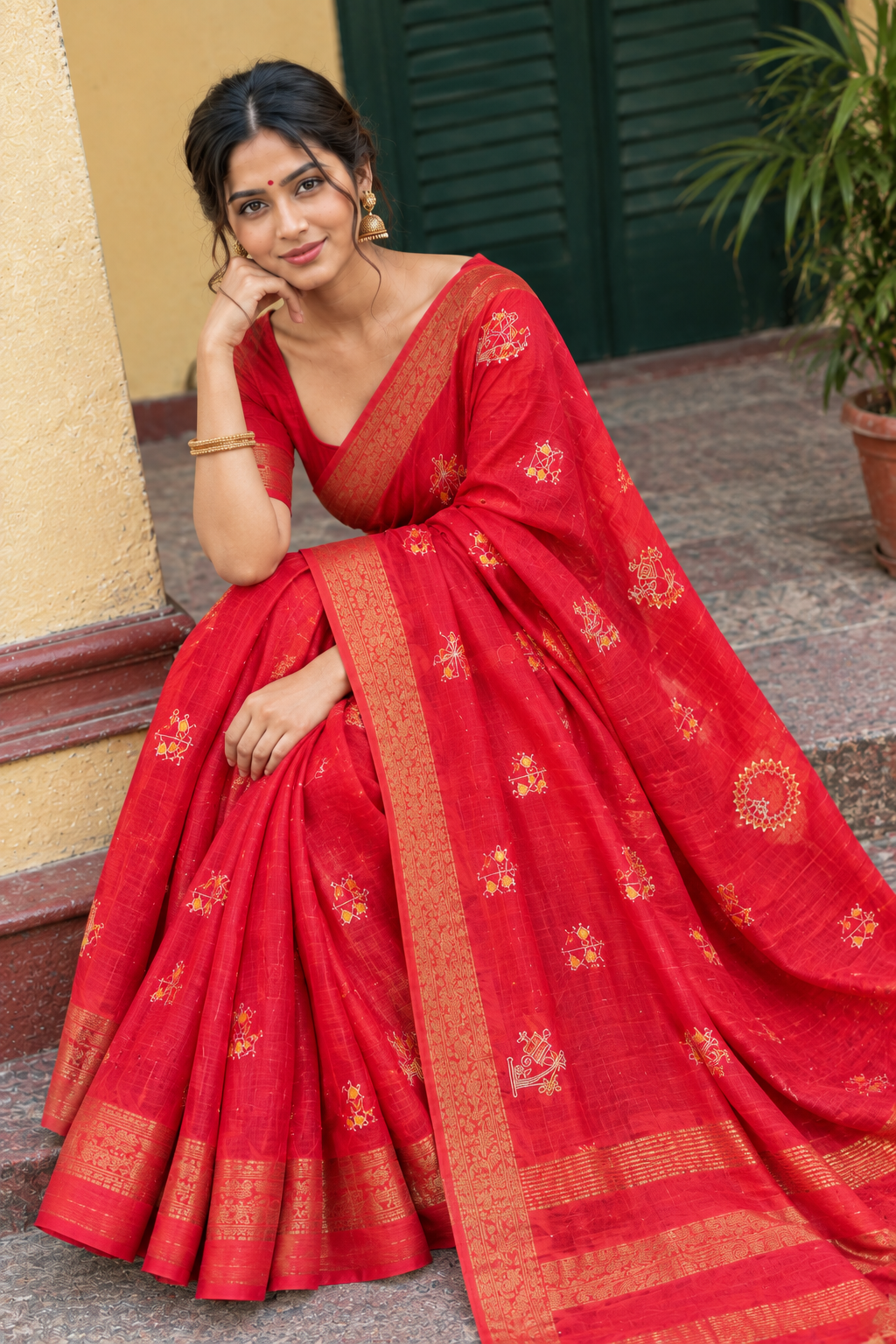 Red Handloom Cotton Saree with Traditional Gold Motifs & Zari Border