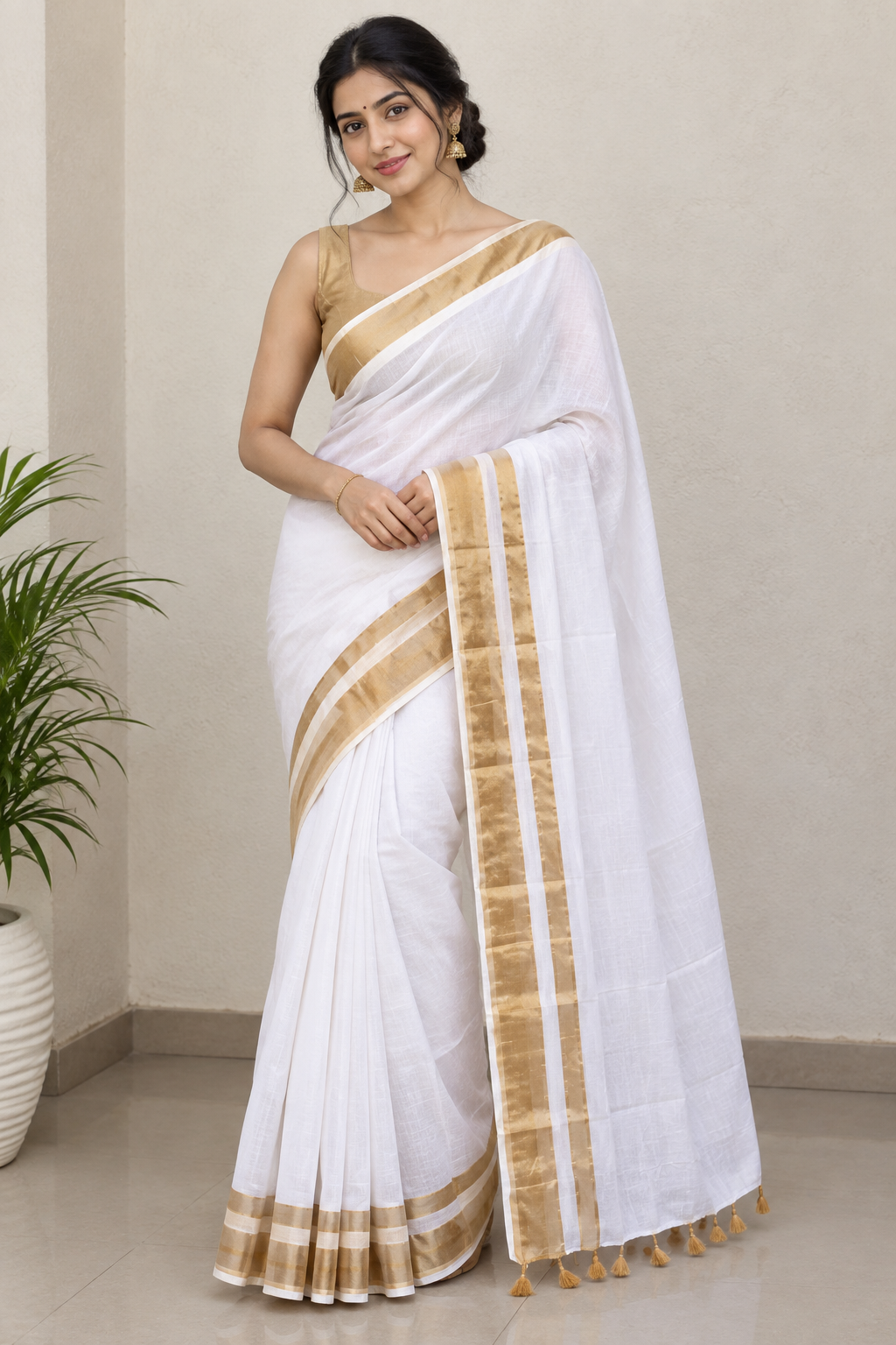 White Cotton Saree with Elegant Golden Zari Border & Tassel Pallu