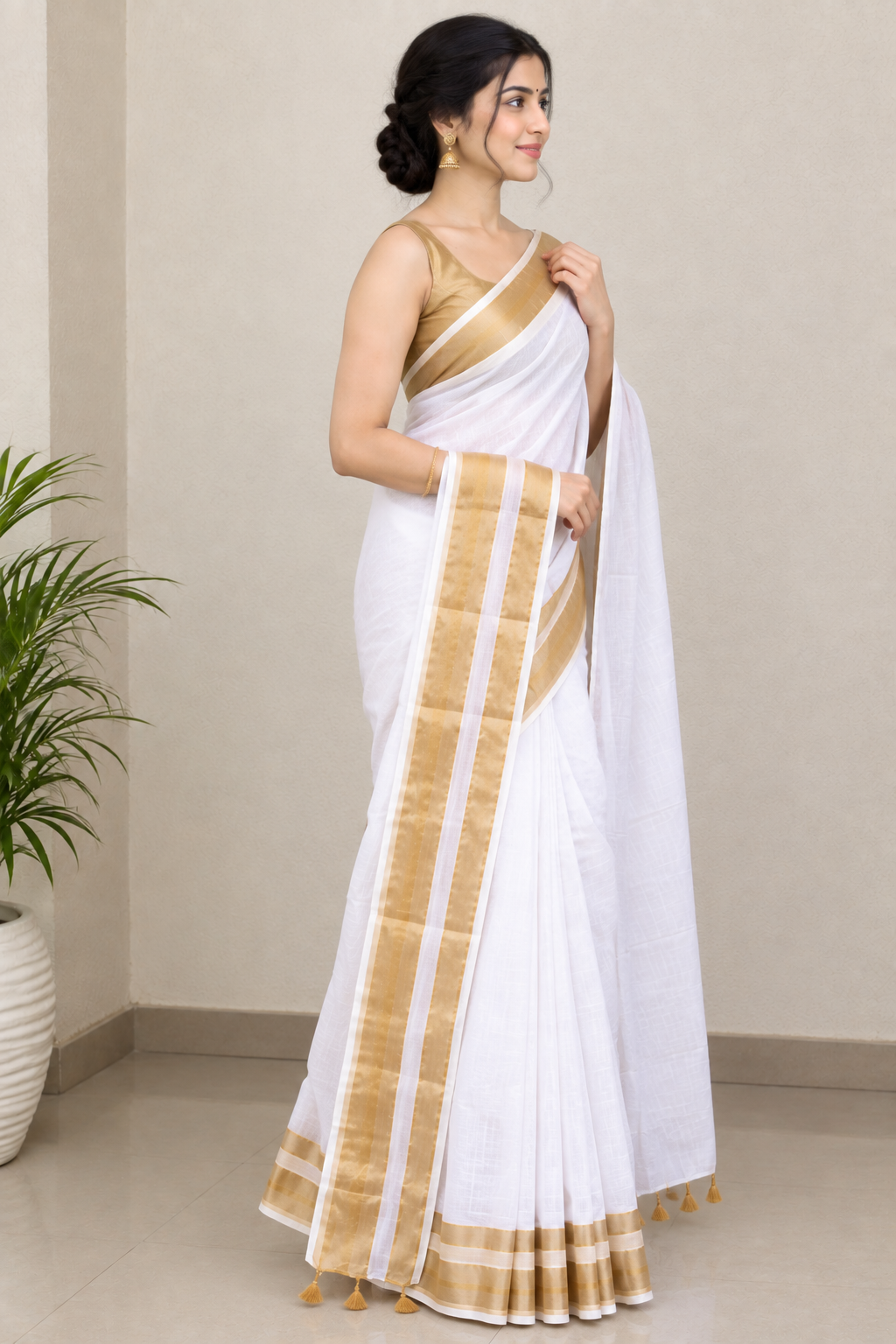 White Cotton Saree with Elegant Golden Zari Border & Tassel Pallu