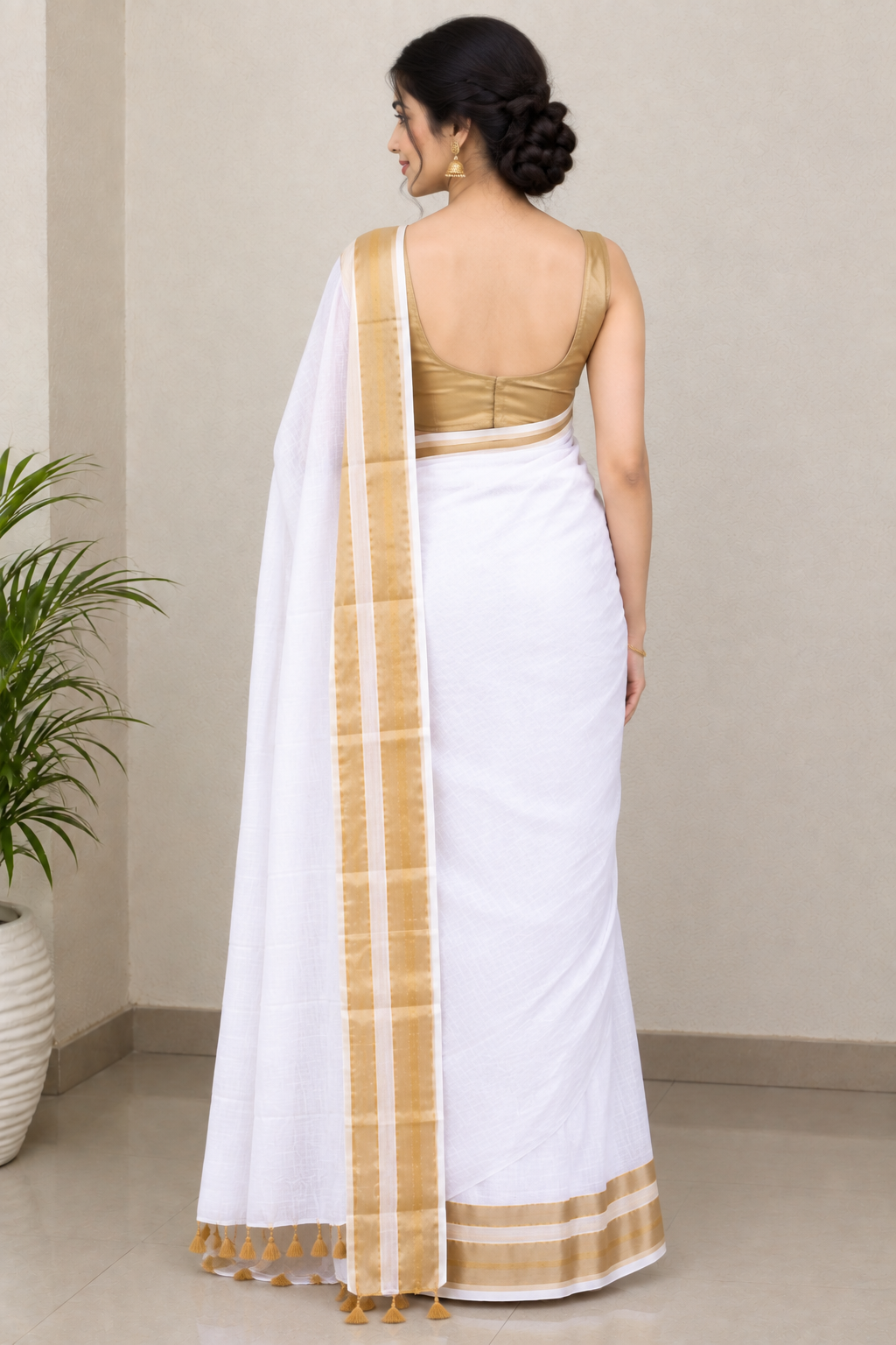 White Cotton Saree with Elegant Golden Zari Border & Tassel Pallu