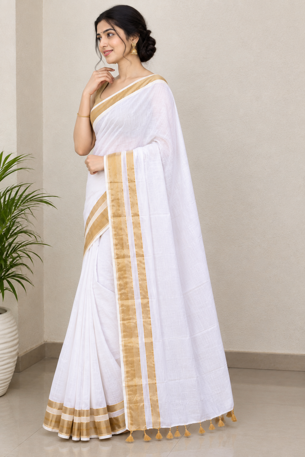 White Cotton Saree with Elegant Golden Zari Border & Tassel Pallu
