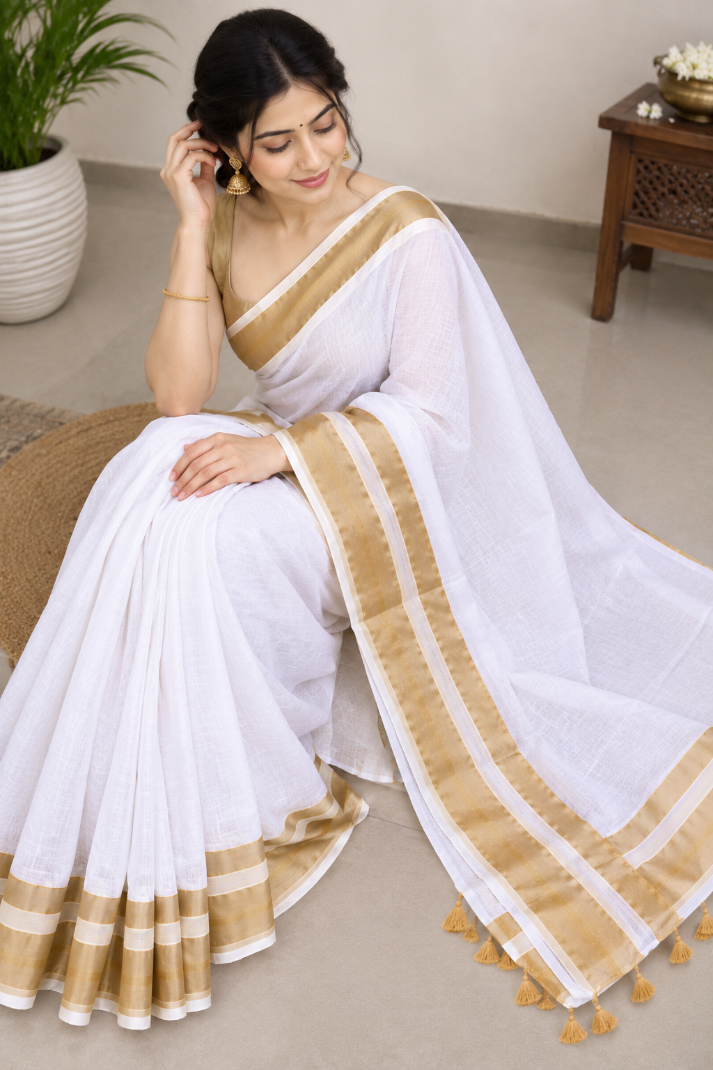 White Cotton Saree with Elegant Golden Zari Border & Tassel Pallu