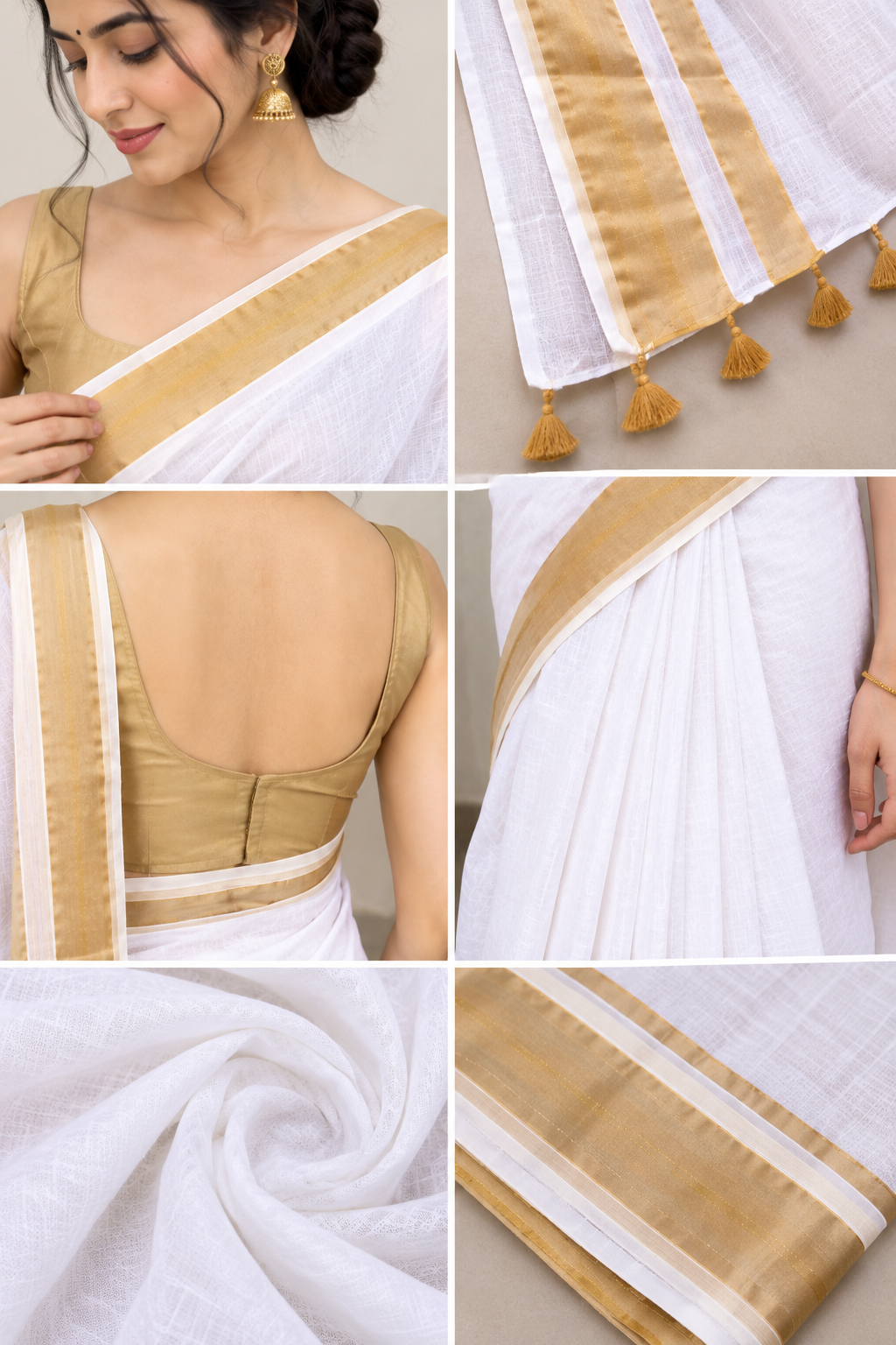 White Cotton Saree with Elegant Golden Zari Border & Tassel Pallu