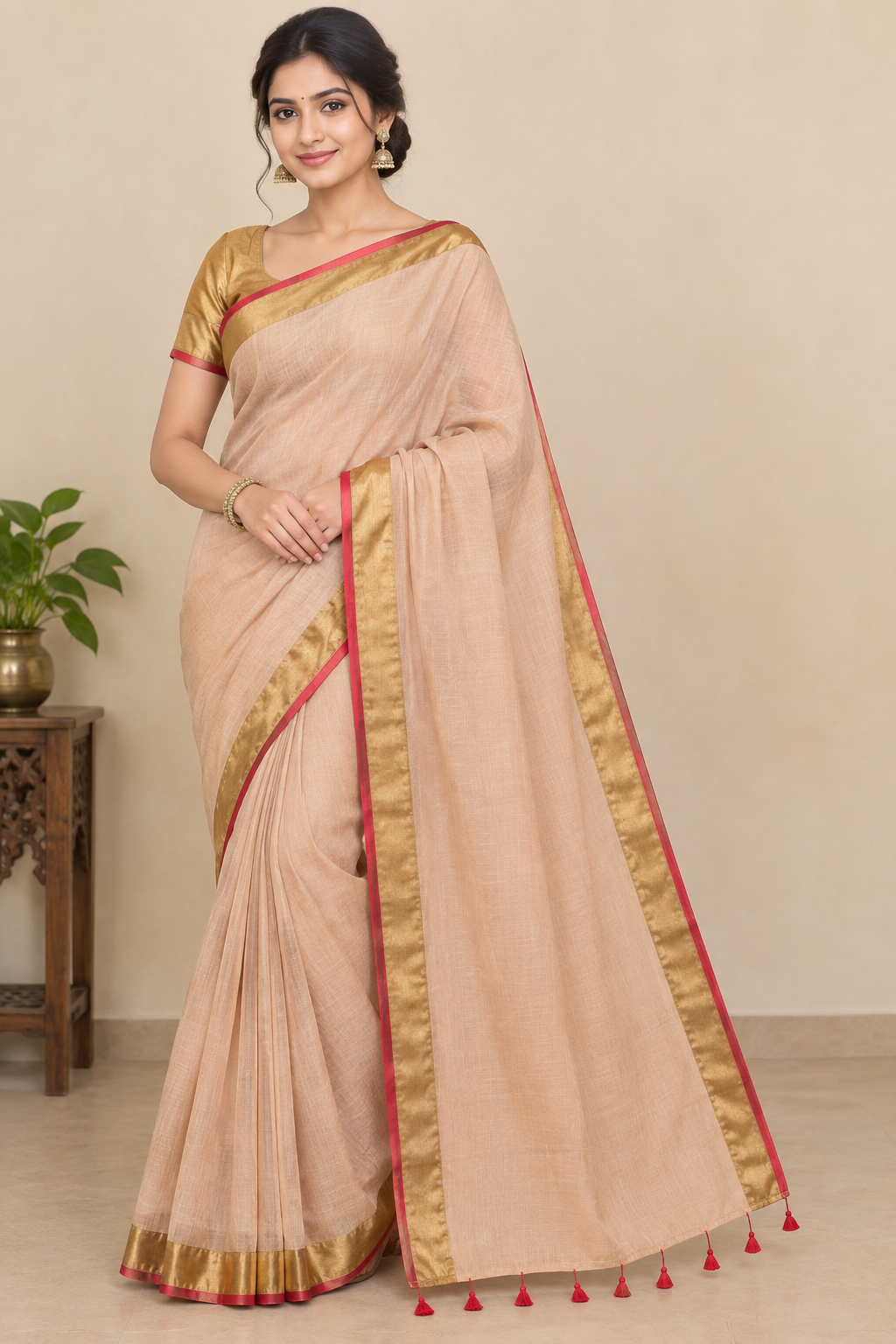 Peach Beige Cotton Saree with Golden Zari Border & Red Tassel Detailing